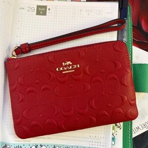 Coach Embossed Red Wristlet with Gold Accents